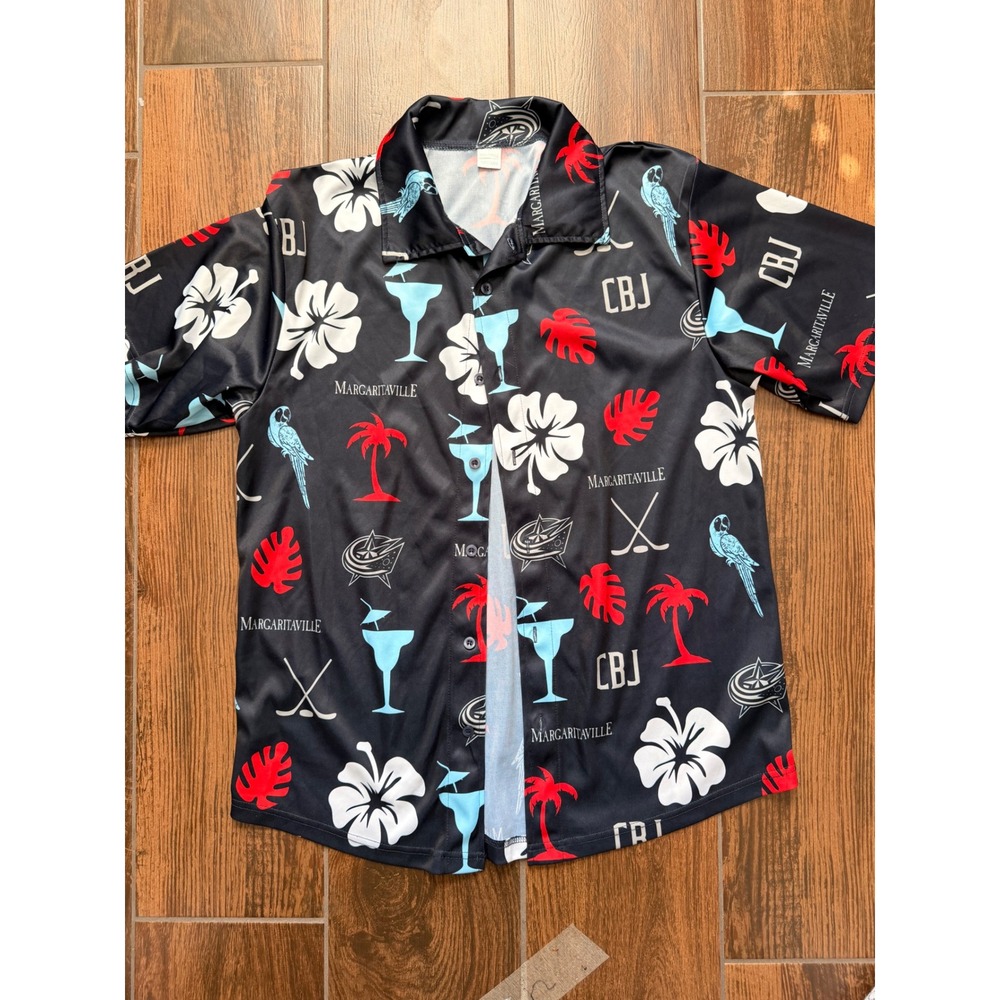 Margaritaville Columbus Blue Jackets Hawaiian Shirt NHL CBJ Mens Medium Black